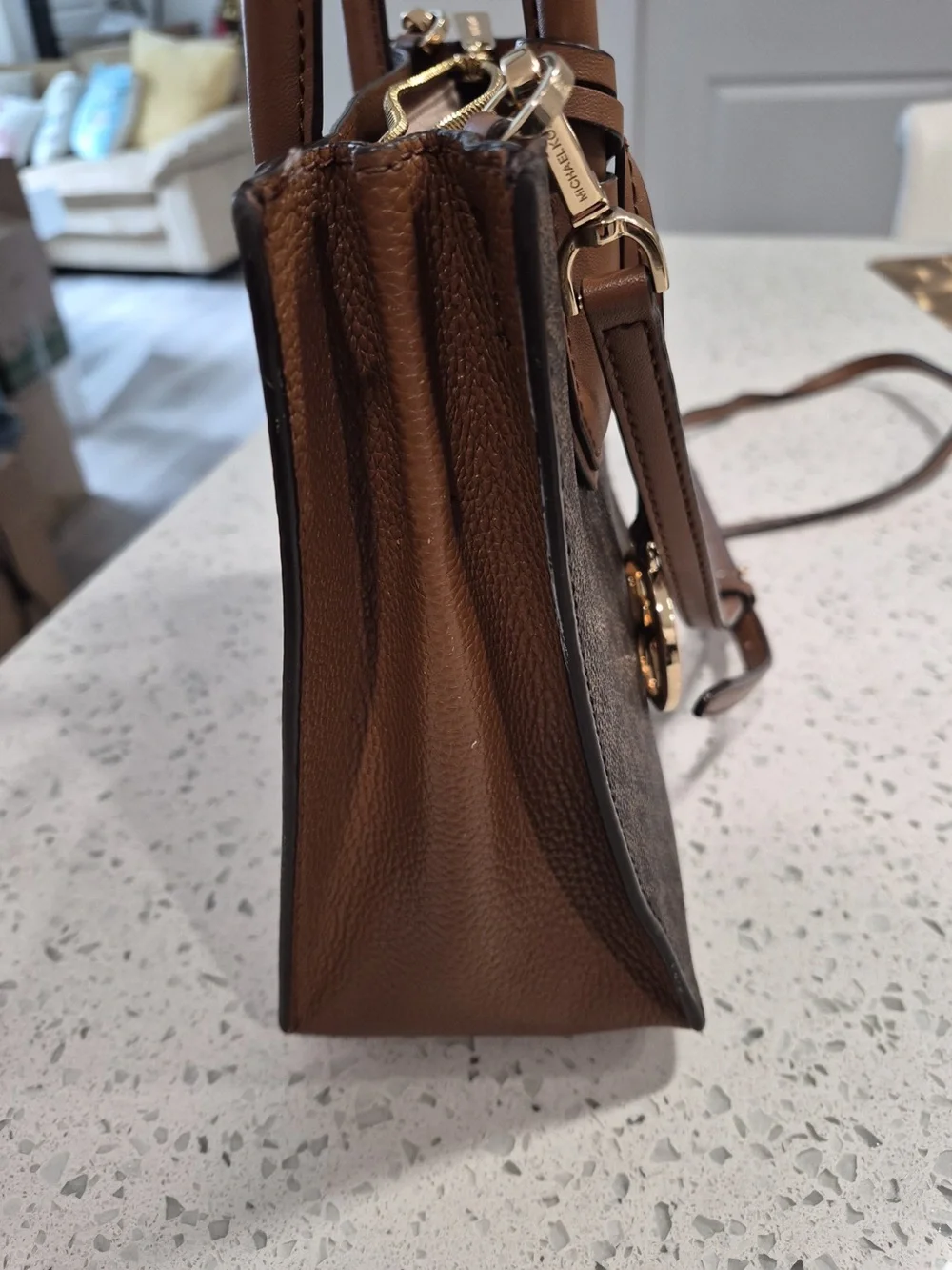 Michael Kors Brown Logo Crossbody Satchel with Tan Trim